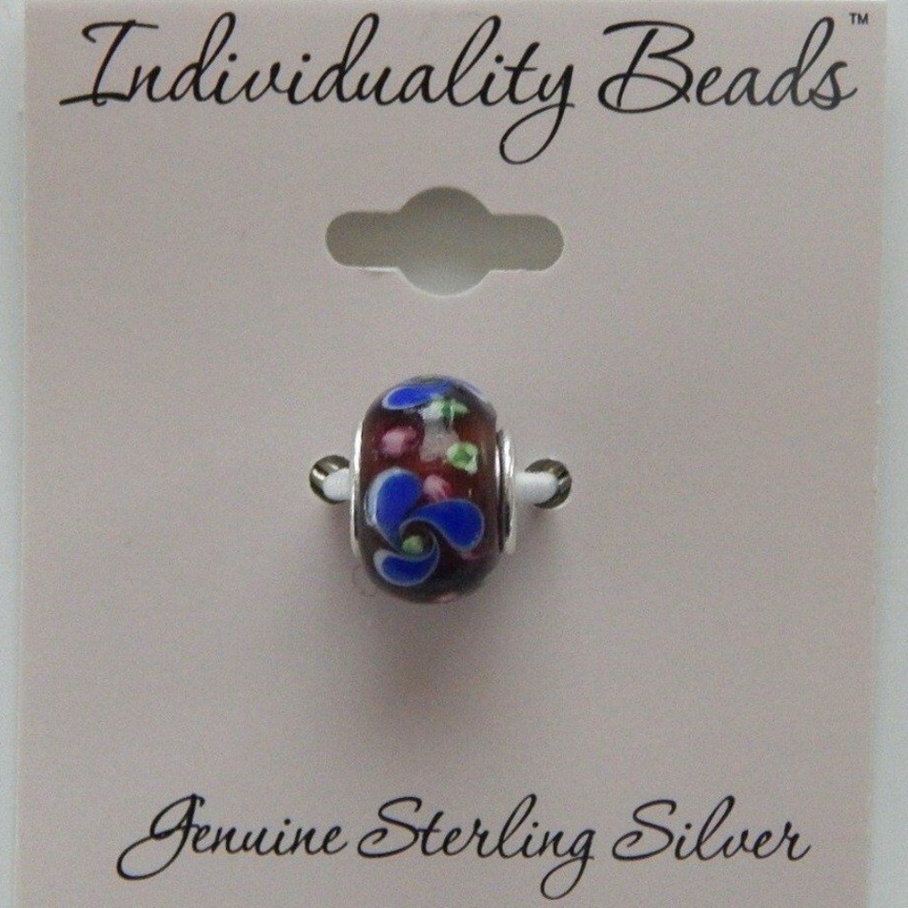Individuality Bead Floral For Charm Bracelet .38" Glass & Sterling Silver NWT